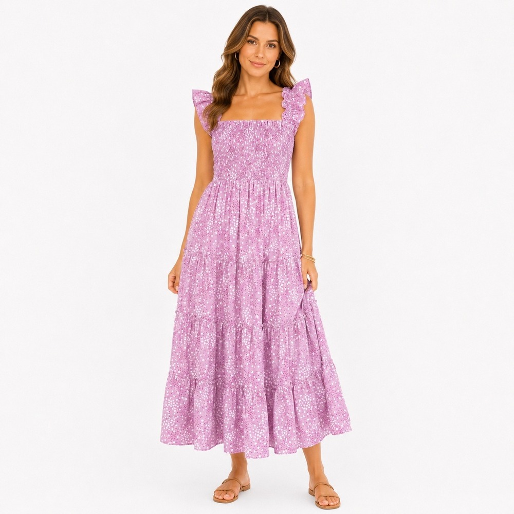 Crown and Ivy Purple Heart Smocked Tiered Maxi Dress Women Medium Boho Summer